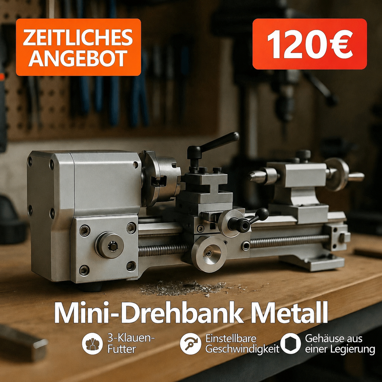 Tischdrehmaschine für Metall, Drehzahlregelung von 0 bis 2500 U/min, 750-W-Motor ohne Kardanwelle, Metallgetriebe