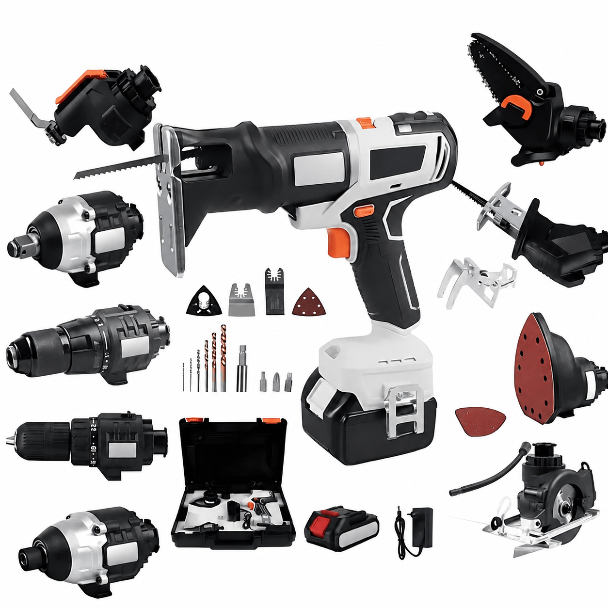 18-V-Akkuschrauber, Multifunktionswerkzeug, Schlagbohrmaschine, Kettenrohrzange, Schlag-Säge, Multischleifer