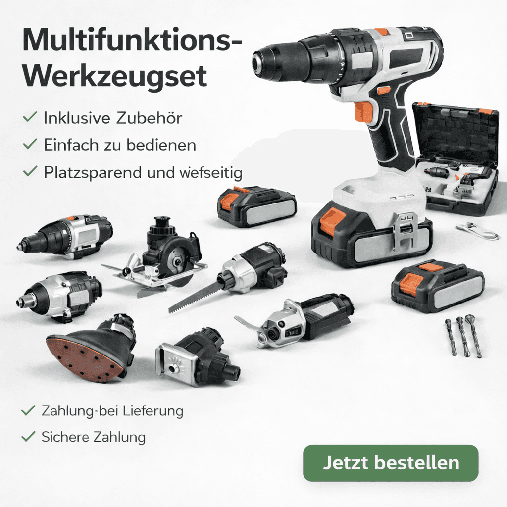 18-V-Akkuschrauber, Multifunktionswerkzeug, Schlagbohrmaschine, Kettenrohrzange, Schlag-Säge, Multischleifer